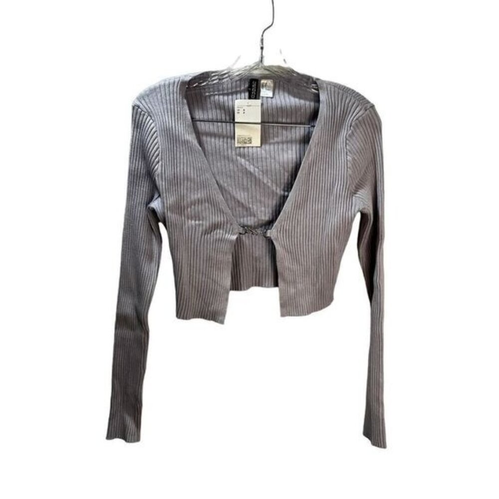 Divided Metal‎ Hook Buttons Rib Knitted Crop Cardigan Small